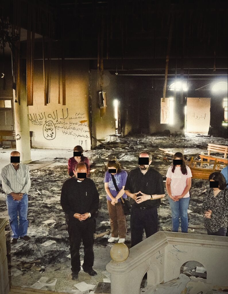 a group of people standing in the rubble of a building